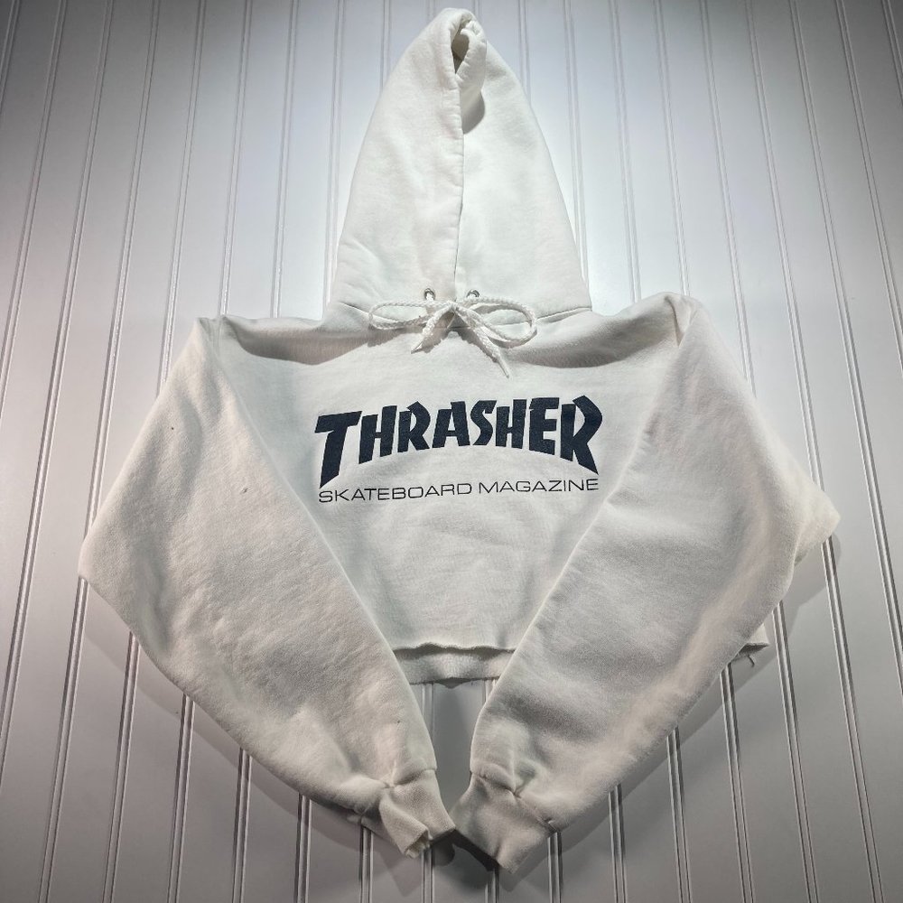 Thrasher Magazine White Cropped Crop Top Hoodie Womens Size Small